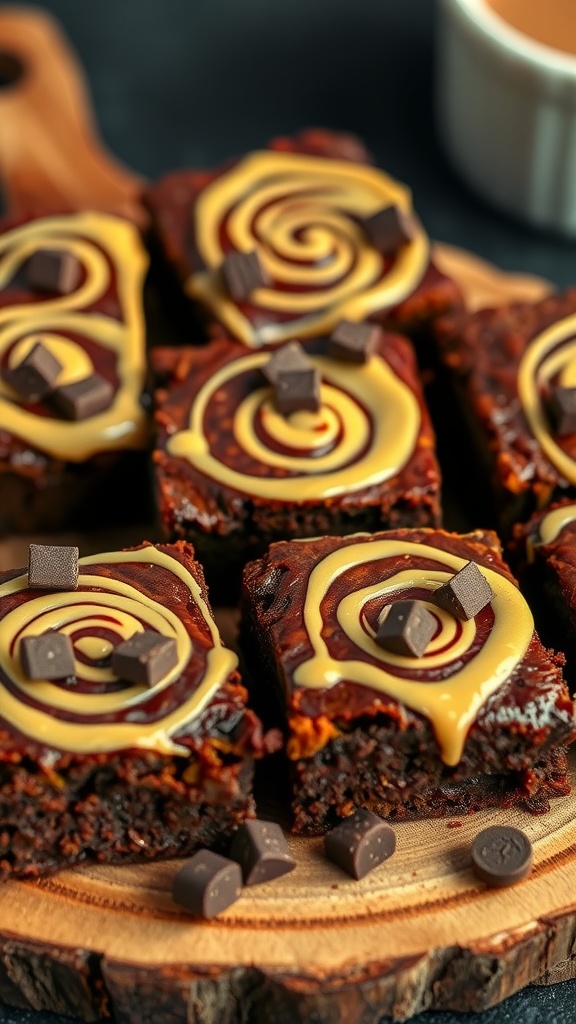 Fudgy brownies with tahini swirl and Dubai Chocolate pieces on a wooden board.